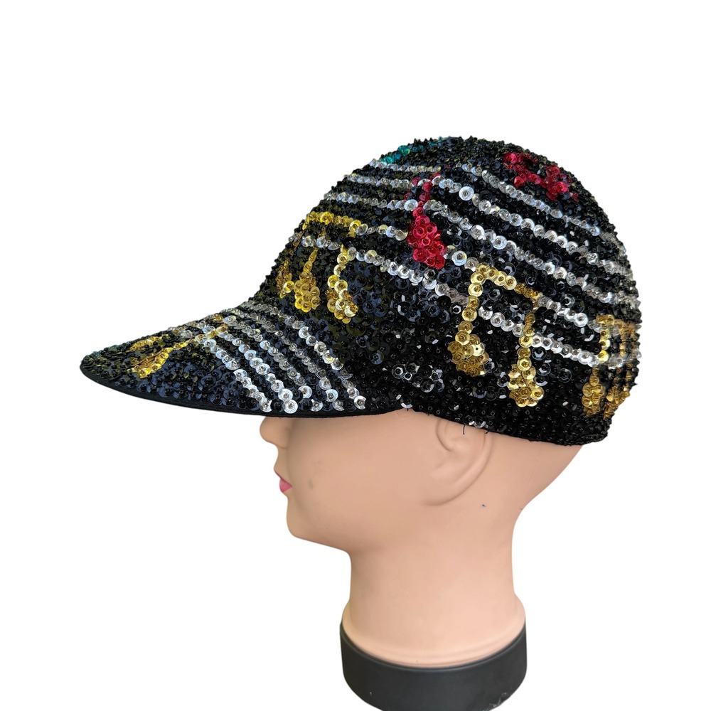 Musical Note Sequin Baseball Cap Black Gold Silver Music Staff Sparkle Hat